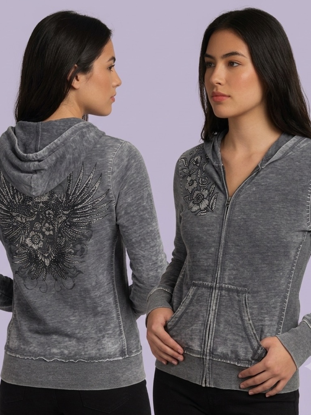 Y2K McBling Embellished Rhinestone Graphic Hoodie size M - Picture 2 of 14